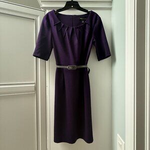 Connected Apparel Elbow Sleeve Belted Sheath Knit Dress, Size 8, Deep Plum